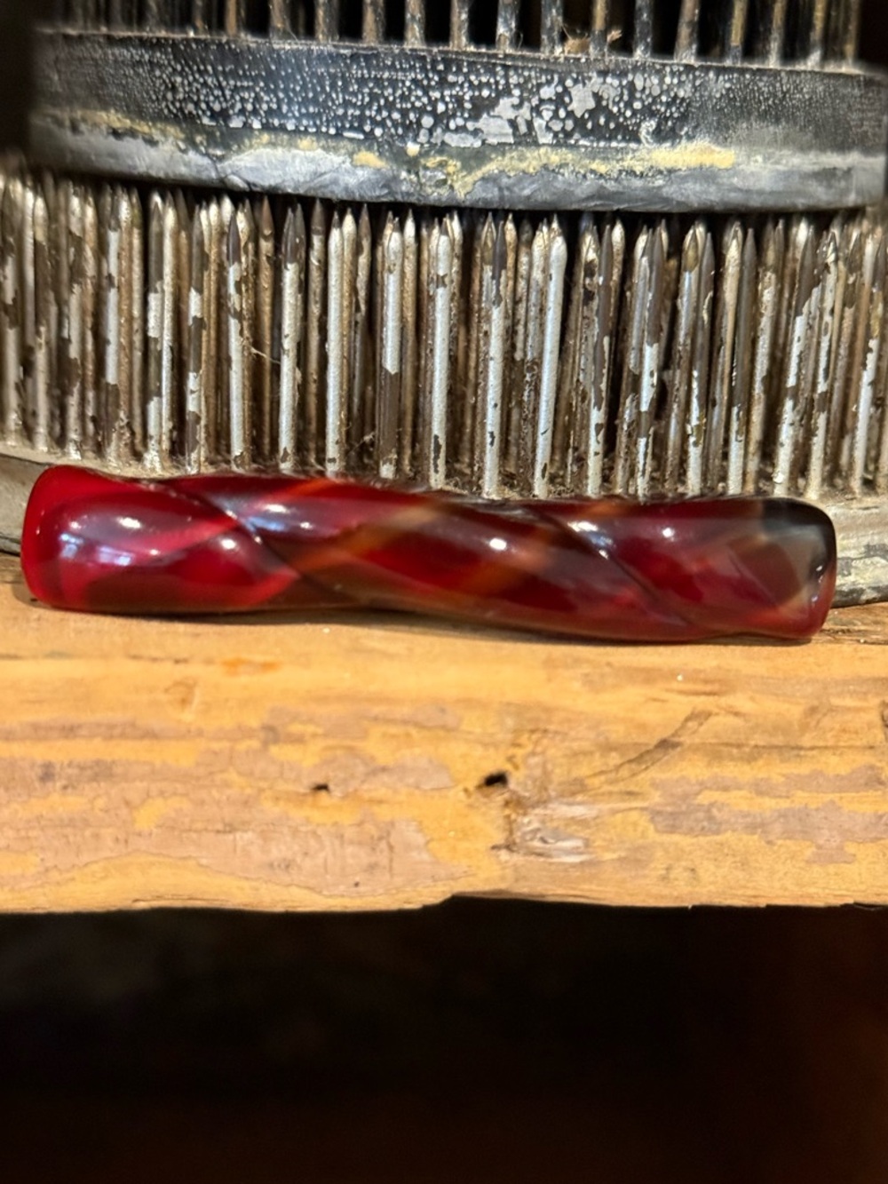 Vintage Deep Red Twisted Lucite Bar Pin Brooch
